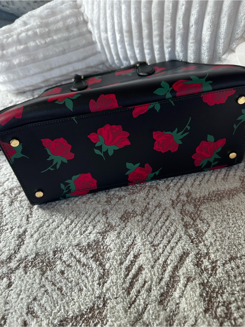 Kate Spade New York satchel stunning black leather bold red rose print EUC - Picture 8 of 17